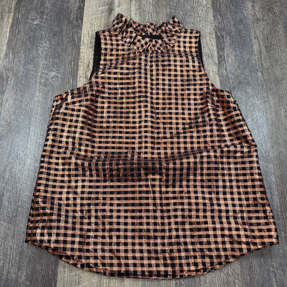 J Crew Ruffle Neck Sleeveless Top Medium Metallic Lurex Gingham Crinkle Blouse‎